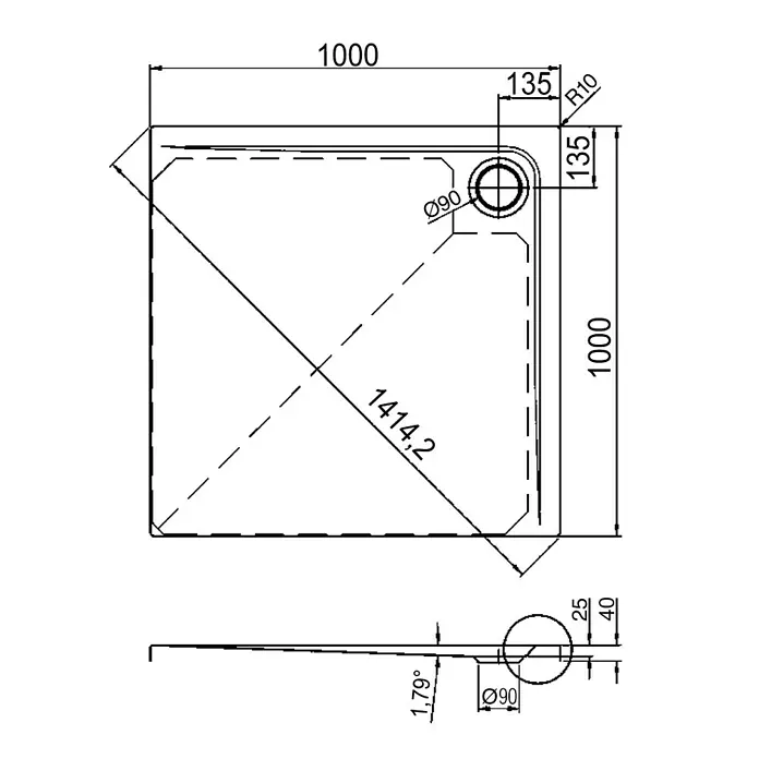 Ottofond Duschwanne Coco-Q - L x B: 100 x 100 cm, Kunststoff, Weiß - Technische Zeichnung einer quadratischen Duschwanne mit Abmessungen, einschließlich Durchmesser des Ablaufs und Radius der Eckrundung.