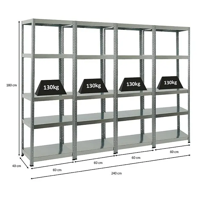 Proregal Metallregal Mega Deal Steel Eagle - Traglast pro Boden: 130 kg, Anzahl Böden: 5 Stk., Stecken, Verzinkt - Bild eines Metallregals mit vier Ebenen und einer Traglast von 130 kg pro Ebene.