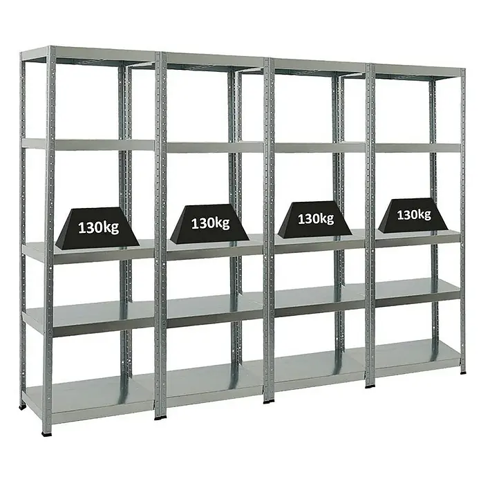 Proregal Metallregal Mega Deal Steel Eagle - Traglast pro Boden: 130 kg, Anzahl Böden: 5 Stk., Stecken, Verzinkt - Vier silberne Metallregale sind abgebildet, wobei jedes Regal mit einem 130 kg schweren Gewicht belastet ist.