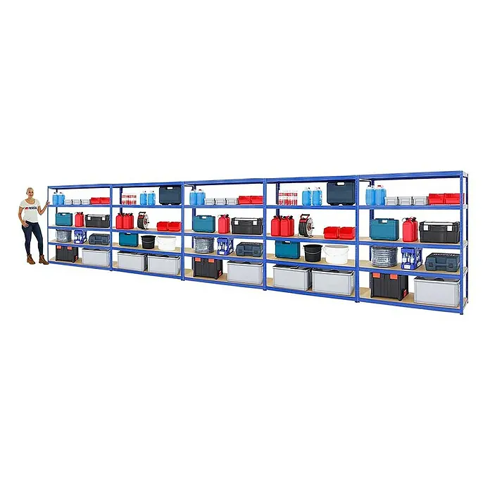 Proregal Schwerlastregal Mega Deal Giant Elephant - H x B x T: 180 x 150 x 45 cm, Traglast pro Boden: 200 kg, Anzahl Böden: 5 Stk., Stecken, Blau - Ein breites blaues Schwerlastregal mit mehreren Ebenen, gefüllt mit verschiedenen Aufbewahrungsboxen und Behältern, ideal für die Lagerung.