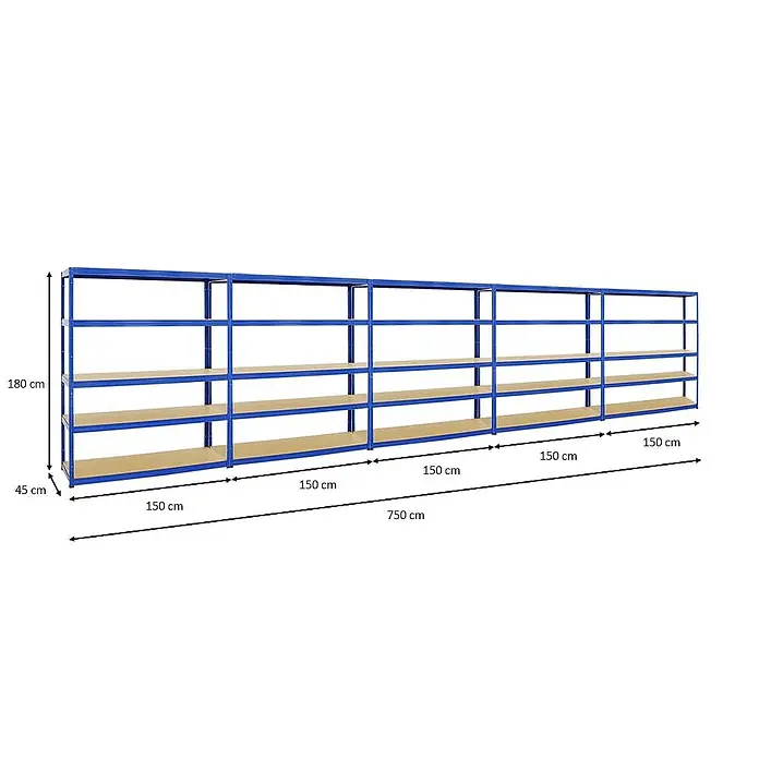 Proregal Schwerlastregal Mega Deal Giant Elephant - H x B x T: 180 x 150 x 45 cm, Traglast pro Boden: 200 kg, Anzahl Böden: 5 Stk., Stecken, Blau - Abbildung eines blauen Metallregals mit vier Holzböden und Maßangaben.
