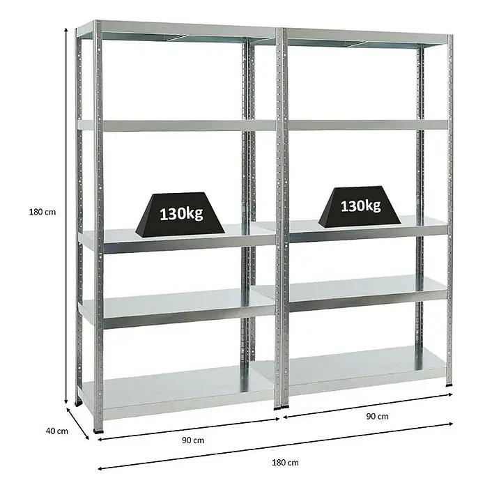 Proregal Metallregal Mega Deal Steel Eagle - Traglast pro Boden: 130 kg, Anzahl Böden: 5 Stk., Stecken, Verzinkt - Regal mit fünf Regalböden und einer Tragfähigkeit von 130 kg pro Boden, Maße 180x90x40 cm.