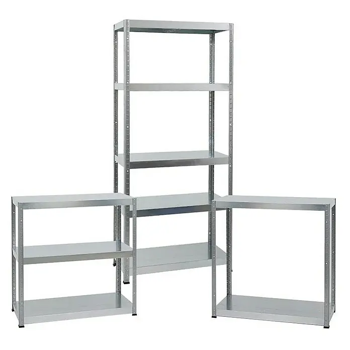Proregal Metallregal Mega Deal Steel Eagle - Traglast pro Boden: 130 kg, Anzahl Böden: 5 Stk., Stecken, Verzinkt - Das Bild zeigt eine Gruppe von Regalen aus Metall. Die Regale sind in unterschiedlichen Größen und Konfigurationen aufgebaut.