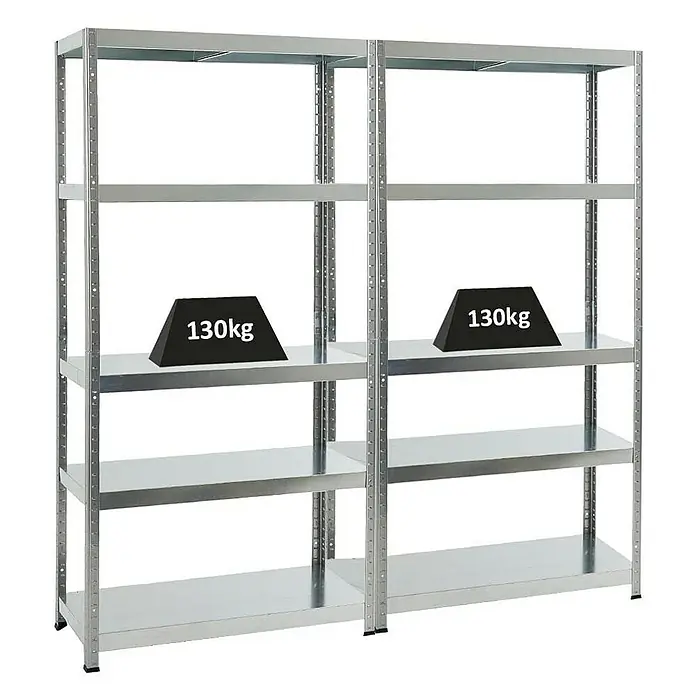 Proregal Metallregal Mega Deal Steel Eagle - Traglast pro Boden: 130 kg, Anzahl Böden: 5 Stk., Stecken, Verzinkt - Bild von zwei silbernen Metallregalen mit je einer 130 kg schweren Last auf einer Ebene.