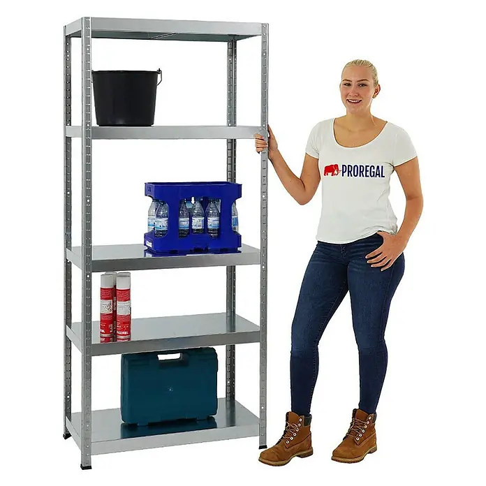 Proregal Metallregal Mega Deal Steel Eagle - Traglast pro Boden: 130 kg, Anzahl Böden: 5 Stk., Stecken, Verzinkt - Silbernes Regal mit 5 Ebenen, beladen mit verschiedenen Gegenständen, und eine Frau, die daneben steht.