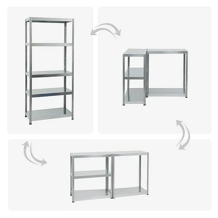 Proregal Metallregal Mega Deal Steel Eagle - Traglast pro Boden: 130 kg, Anzahl Böden: 5 Stk., Stecken, Verzinkt - Bild zeigt ein modulares Metallregalsystem, das sowohl als hohes Regal mit fünf Ebenen als auch in zwei niedrige Regale umgebaut werden kann.