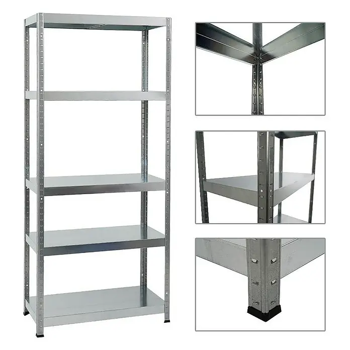 Proregal Metallregal Mega Deal Steel Eagle - Traglast pro Boden: 130 kg, Anzahl Böden: 5 Stk., Stecken, Verzinkt - Bild eines freistehenden, verzinkten Metallregals mit fünf Regalböden und Nahaufnahmen von Details.