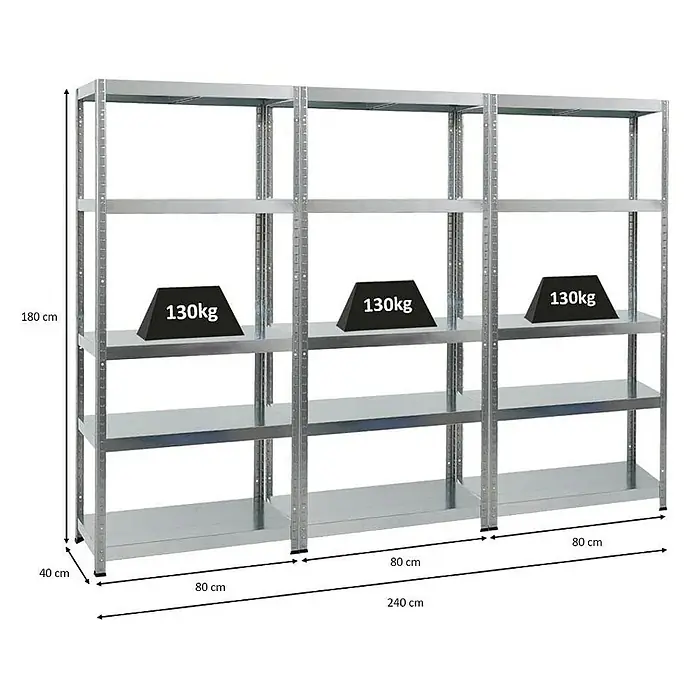 Proregal Metallregal Mega Deal Steel Eagle - Traglast pro Boden: 130 kg, Anzahl Böden: 5 Stk., Stecken, Verzinkt - Ein Bild von einem silbernen Metallregal mit fünf Ebenen, von denen die mittlere mit Gewichten von 130 kg belastet ist.