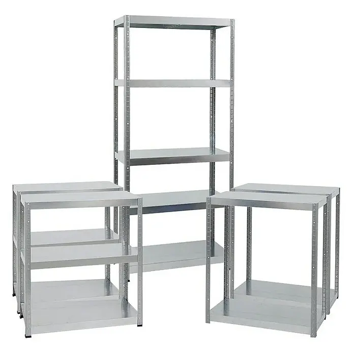 Proregal Metallregal Mega Deal Steel Eagle - Traglast pro Boden: 130 kg, Anzahl Böden: 5 Stk., Stecken, Verzinkt - Bild von einem Metallregalsystem, das aus einem hohen und drei niedrigen Regalen besteht. Ideal für Lagerung und Organisation.