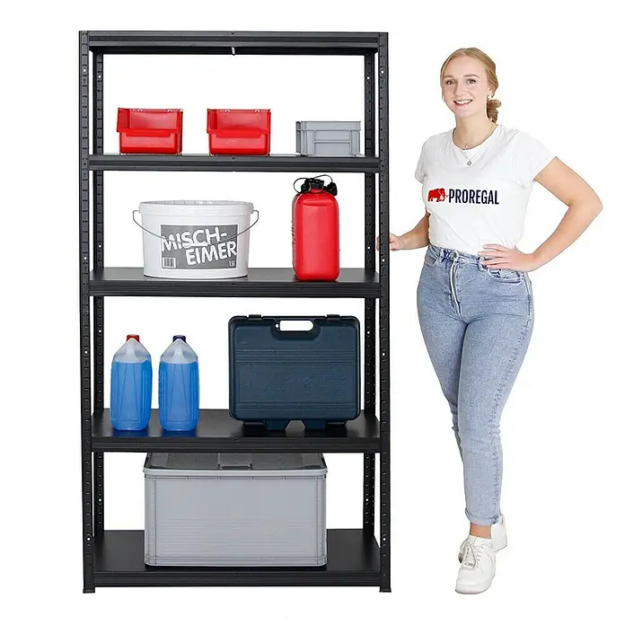 Proregal Metallregal Mega Deal Steel Eagle - Traglast pro Boden: 130 kg, Anzahl Böden: 5 Stk., Stecken, Schwarz - Das schwarze Schwerlastregal mit fünf Regalböden bietet viel Stauraum für Werkzeuge, Behälter und mehr.
