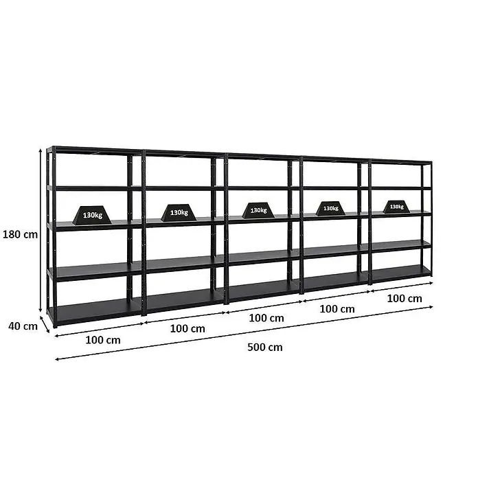 Proregal Metallregal Mega Deal Steel Eagle - Traglast pro Boden: 130 kg, Anzahl Böden: 5 Stk., Stecken, Schwarz - Abbildung eines schwarzen Schwerlastregals mit fünf Regalböden, Maße sind angegeben.