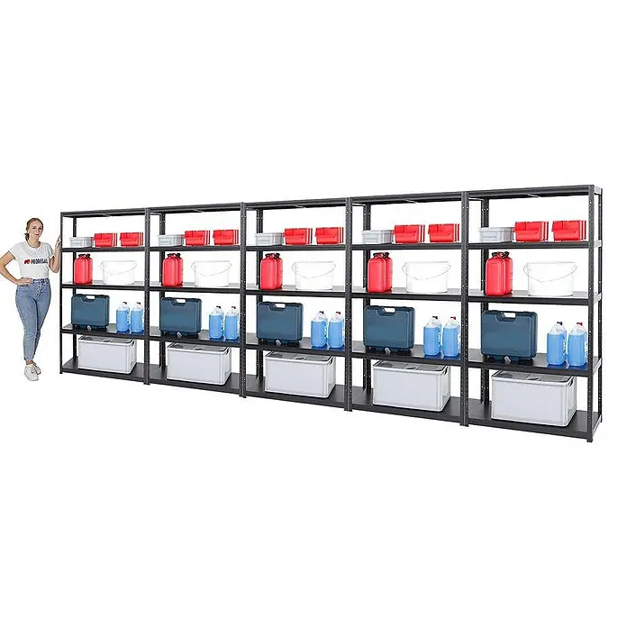 Proregal Metallregal Mega Deal Steel Eagle - Traglast pro Boden: 130 kg, Anzahl Böden: 5 Stk., Stecken, Schwarz - Schwarze Regaleinheit mit fünf Ebenen zur Aufbewahrung von Containern, Kanistern und Boxen unterschiedlicher Art und Farbe.