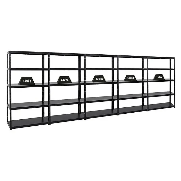 Proregal Metallregal Mega Deal Steel Eagle - Traglast pro Boden: 130 kg, Anzahl Böden: 5 Stk., Stecken, Schwarz - Schwarzes Metallregal mit fünf Ebenen und Gewichten auf der mittleren Ebene.