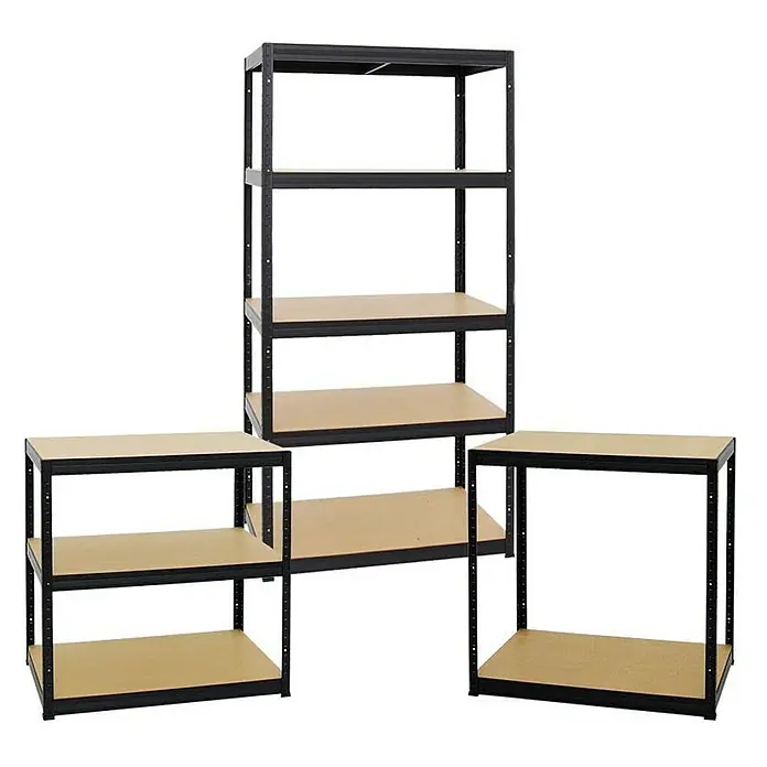 Proregal Schwerlastregal Mega Deal Slim Elephant M - H x B x T: 180 x 180 x 60 cm, Traglast pro Boden: 350 kg, Anzahl Böden: 5 Stk., Stecken, Schwarz - Bild von drei schwarzen Regalen mit Holzregalböden, darunter ein hohes Regal mit fünf Ebenen, ein kleineres mit drei und ein weiteres mit zwei.
