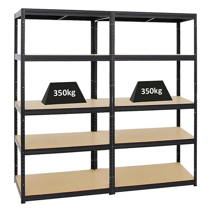 Proregal Schwerlastregal Mega Deal Slim Elephant M - H x B x T: 180 x 180 x 60 cm, Traglast pro Boden: 350 kg, Anzahl Böden: 5 Stk., Stecken, Schwarz - Bild von zwei Metallregalen mit Holzregalböden. Jedes Regal kann bis zu 350 kg tragen, was die Stabilität und Robustheit betont.