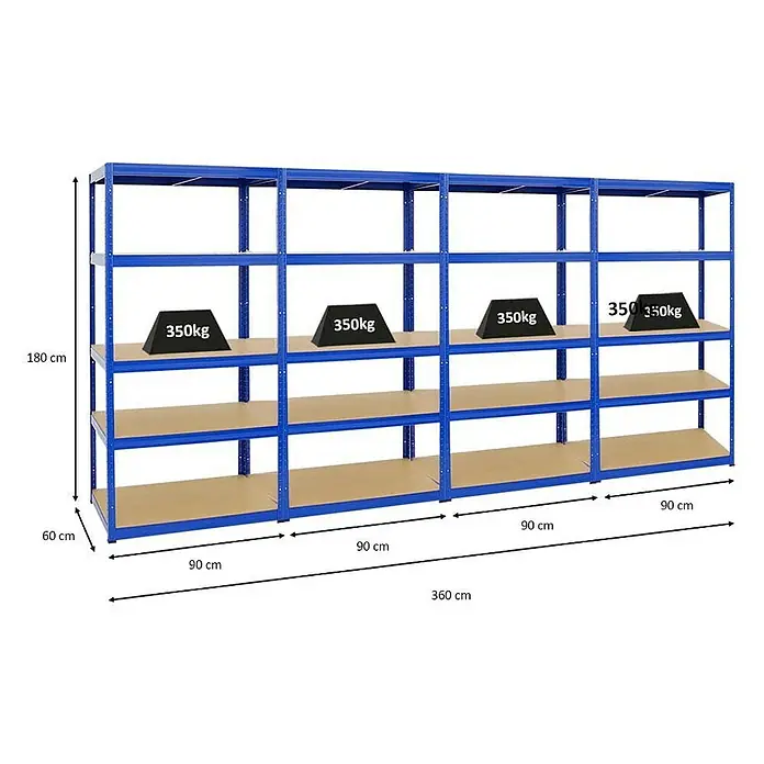 Proregal Schwerlastregal Mega Deal Slim Elephant M - H x B x T: 180 x 90 x 60 cm, Traglast pro Boden: 350 kg, Anzahl Böden: 5 Stk., Stecken, Blau - Auf dem Foto ist ein blaues Schwerlastregal mit vier Ebenen zu sehen, von denen die oberste mit Gewichten von 350 kg belastet ist.