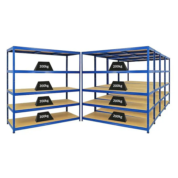 Proregal Schwerlastregal Mega Deal Giant Elephant - H x B x T: 180 x 180 x 60 cm, Traglast pro Boden: 200 kg, Anzahl Böden: 5 Stk., Stecken, Blau - Das Bild zeigt blaue Schwerlastregale mit Holzregalböden, beladen mit Gewichten von 200 kg. Die Regale sind stabil und bieten viel Stauraum.
