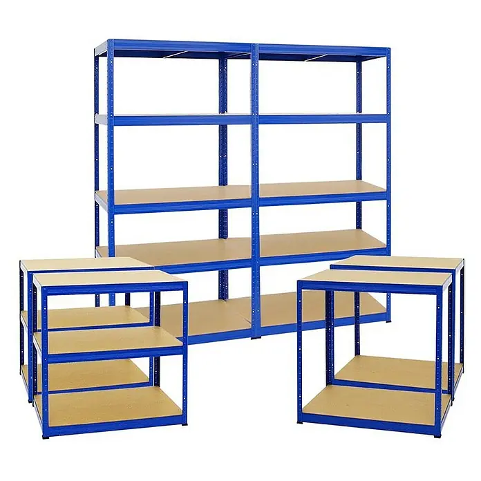 Proregal Schwerlastregal Mega Deal Slim Elephant M - H x B x T: 180 x 90 x 60 cm, Traglast pro Boden: 350 kg, Anzahl Böden: 5 Stk., Stecken, Blau - Regalsystem mit blauen Rahmen und hellbraunen Regalböden, ideal für Lagerung und Organisation in Werkstatt oder Garage.