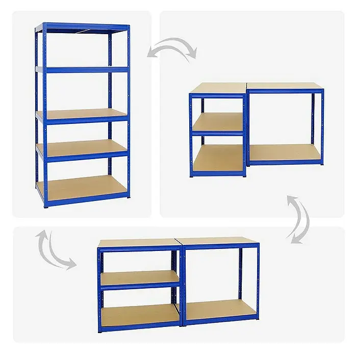 Proregal Schwerlastregal Mega Deal Slim Elephant M - H x B x T: 180 x 90 x 60 cm, Traglast pro Boden: 350 kg, Anzahl Böden: 5 Stk., Stecken, Blau - Dieses Bild zeigt ein blaues Metallregal, das in verschiedenen Konfigurationen aufgebaut werden kann, entweder als hohes Regal oder als zwei separate Werkbänke.