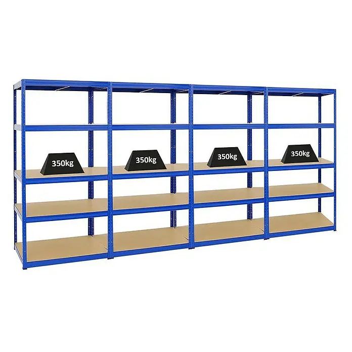 Proregal Schwerlastregal Mega Deal Slim Elephant M - H x B x T: 180 x 90 x 60 cm, Traglast pro Boden: 350 kg, Anzahl Böden: 5 Stk., Stecken, Blau - Regal mit vier Ebenen und blauen Metallrahmen, auf denen Gewichte von 350kg platziert sind. Für Lagerung ideal.