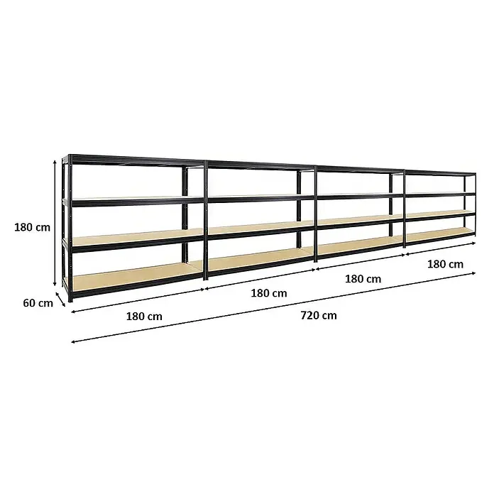 Proregal Schwerlastregal Mega Deal DINO - Traglast pro Boden: 500 kg, Anzahl Böden: 4 Stk., Stecken, Schwarz - Regalsystem mit vier Ebenen, ideal für Lagerung, mit den Maßen 180 cm hoch und 60 cm tief, Gesamtlänge 720 cm.