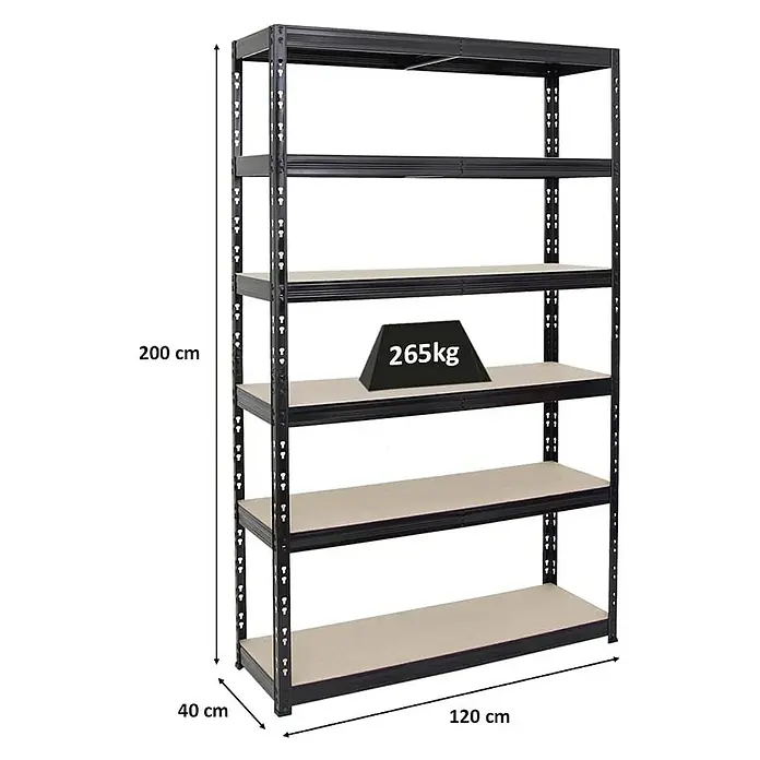 Proregal Schwerlastregal Giant Tiger - H x B x T: 200 x 120 x 40 cm, Traglast pro Boden: 265 kg, Anzahl Böden: 6 Stk., Stecken, Schwarz - Abgebildet ist ein schwarzes Schwerlastregal mit Holzplatten, das mit 265 kg belastet ist und die Maße 200 x 120 x 40 cm hat.