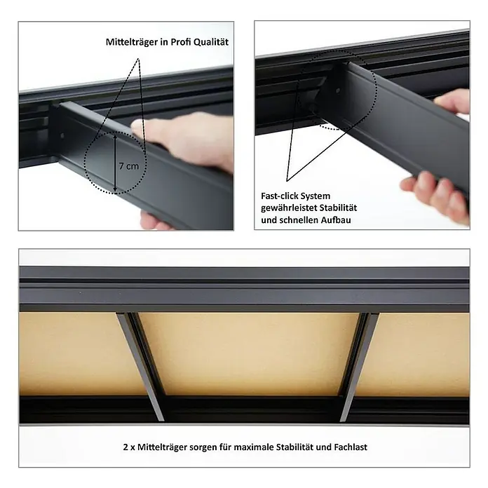 Proregal Schwerlastregal Mega Deal DINO - H x B x T: 180 x 200 x 60 cm, Traglast pro Boden: 500 kg, Anzahl Böden: 4 Stk., Stecken, Schwarz - Bild von einem Mittelträger in Profi Qualität mit einem Fast-Click System für Stabilität und schnellen Aufbau.