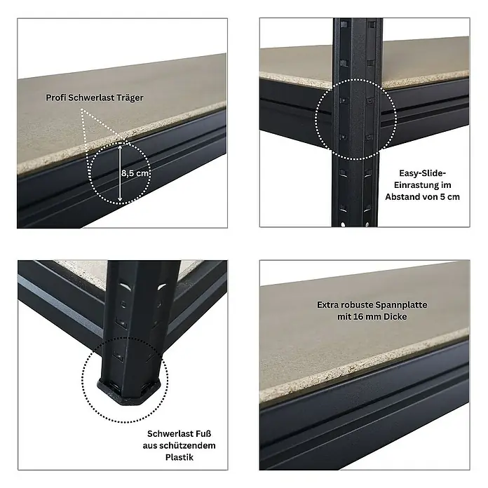 Proregal Schwerlastregal Mega Deal DINO - H x B x T: 180 x 200 x 60 cm, Traglast pro Boden: 500 kg, Anzahl Böden: 4 Stk., Stecken, Schwarz - Detailaufnahmen eines Schwerlastregals, das die robuste Bauweise, die verstellbaren Regalböden und die schützenden Kunststofffüße hervorheben.