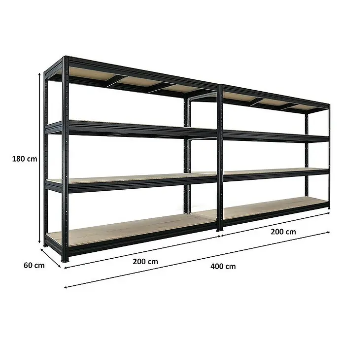 Proregal Schwerlastregal Mega Deal DINO - H x B x T: 180 x 200 x 60 cm, Traglast pro Boden: 500 kg, Anzahl Böden: 4 Stk., Stecken, Schwarz - Ein Bild eines schwarzen Metallregals mit vier Holzregalböden und den Maßen 180 cm Höhe, 60 cm Tiefe und 400 cm Breite.