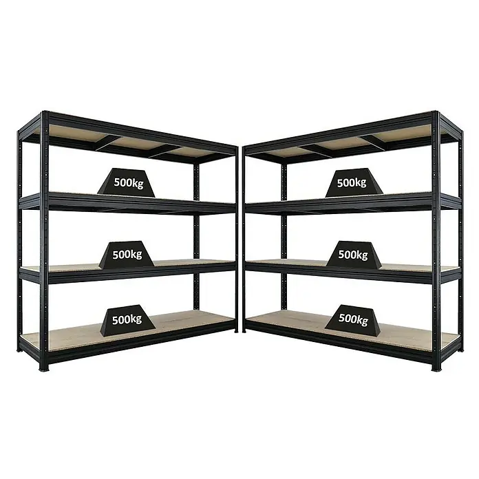 Proregal Schwerlastregal Mega Deal DINO - H x B x T: 180 x 200 x 60 cm, Traglast pro Boden: 500 kg, Anzahl Böden: 4 Stk., Stecken, Schwarz - Bild von zwei Schwerlastregalen, die jeweils mit 500 kg pro Ebene belastet sind und die Stabilität und Tragfähigkeit demonstrieren.