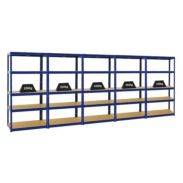 Proregal Schwerlastregal Mega Deal Slim Elephant S - H x B x T: 180 x 90 x 45 cm, Traglast pro Boden: 350 kg, Anzahl Böden: 5 Stk., Stecken, Blau - Schwerlastregale mit fünf Einheiten, jede mit 350 kg belastet, zeigen Stabilität und Kapazität für Lagerlösungen.\n