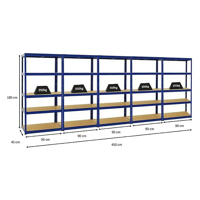 Proregal Schwerlastregal Mega Deal Slim Elephant S - H x B x T: 180 x 90 x 45 cm, Traglast pro Boden: 350 kg, Anzahl Böden: 5 Stk., Stecken, Blau - Abbildung eines blauen Metallregals mit mehreren Regalböden, von denen einige mit 350-kg-Gewichten belastet sind, zur Illustration der Tragfähigkeit.