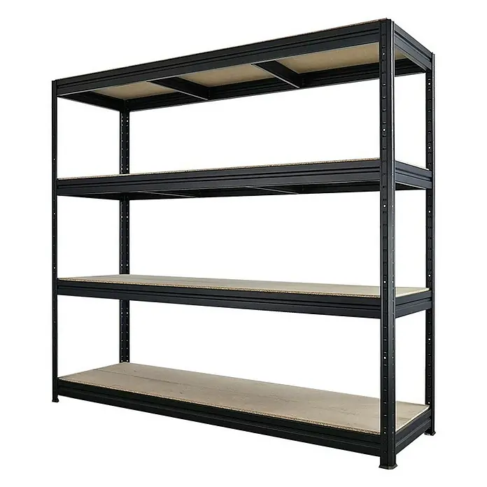 Proregal Schwerlastregal Mega Deal DINO - H x B x T: 180 x 200 x 60 cm, Traglast pro Boden: 500 kg, Anzahl Böden: 4 Stk., Stecken, Schwarz - Aufnahme eines schwarzen Metallregals mit vier Regalböden aus hellem Holz, ideal für Lagerung.