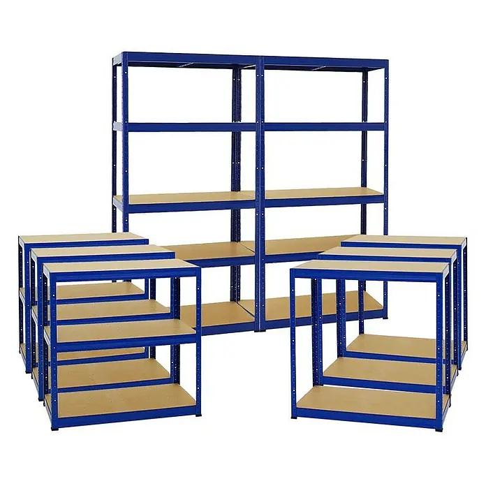 Proregal Schwerlastregal Mega Deal Slim Elephant S - H x B x T: 180 x 90 x 45 cm, Traglast pro Boden: 350 kg, Anzahl Böden: 5 Stk., Stecken, Blau - Bild von mehreren blauen Metallregalen mit Holzregalböden, ideal für Lagerung und Organisation in Garage oder Keller.