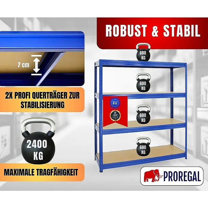 Proregal Schwerlastregal DINO - H x B x T: 180 x 160 x 60 cm, Traglast pro Boden: 600 kg, Anzahl Böden: 4 Stk., Stecken, Blau - Produktbild eines blauen Schwerlastregals mit vier Ebenen und einer maximalen Tragfähigkeit von 2400 kg.