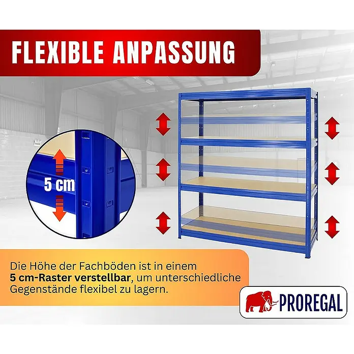Proregal Schwerlastregal DINO - H x B x T: 180 x 160 x 60 cm, Traglast pro Boden: 600 kg, Anzahl Böden: 4 Stk., Stecken, Blau - Flexibles Proregal-Regalsystem mit verstellbaren Fachböden im 5 cm-Raster zur flexiblen Lagerung unterschiedlicher Gegenstände.