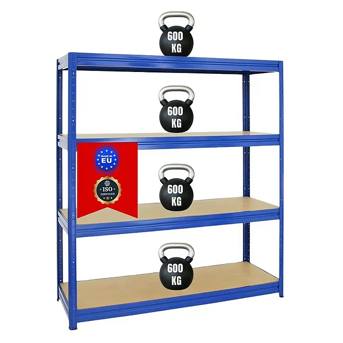 Proregal Schwerlastregal DINO - H x B x T: 180 x 160 x 60 cm, Traglast pro Boden: 600 kg, Anzahl Böden: 4 Stk., Stecken, Blau - Ein robustes, blaues Schwerlastregal mit vier Ebenen, jede belastbar mit 600 kg, ideal für Lagerung und Organisation.