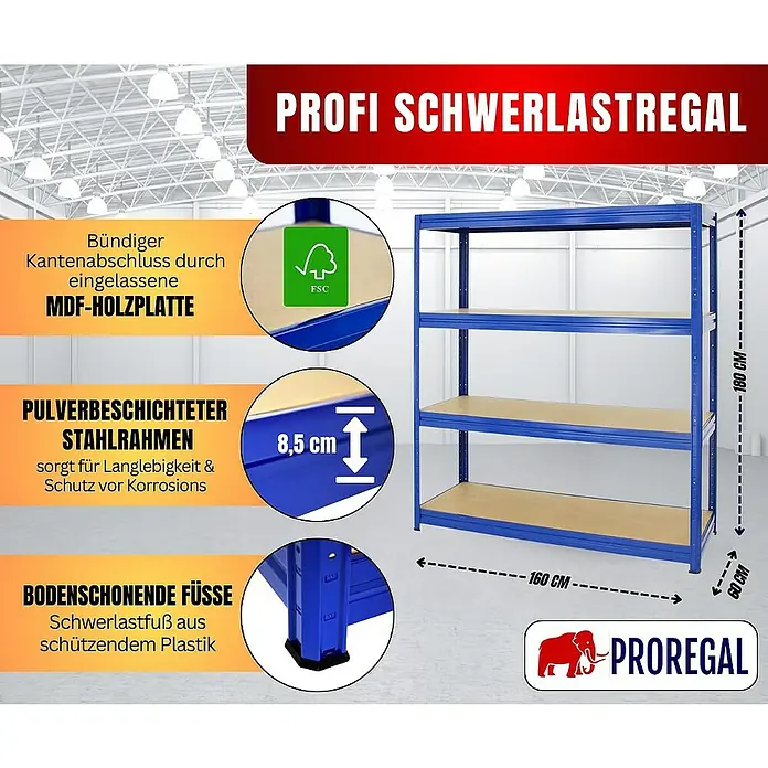 Proregal Schwerlastregal DINO - H x B x T: 180 x 160 x 60 cm, Traglast pro Boden: 600 kg, Anzahl Böden: 4 Stk., Stecken, Blau - Abbildung eines blauen Profi Schwerlastregals mit vier Ablageflächen und den Maßen 180x160x60 cm.
