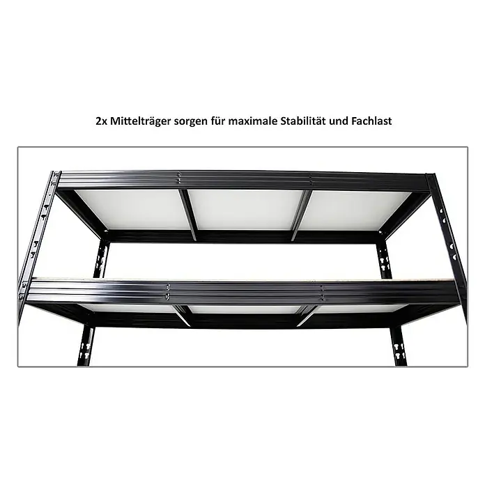Proregal Schwerlastregal Mega Deal Profi RHINO - H x B x T: 180 x 160 x 60 cm, Traglast pro Boden: 500 kg, Anzahl Böden: 4 Stk., Stecken, Schwarz - Das Bild zeigt ein Schwerlastregal mit zwei Fachböden, die durch Mittelträger verstärkt sind. Dies sorgt für maximale Stabilität und hohe Fachlast.