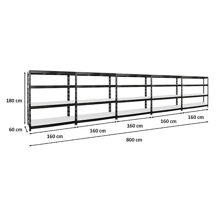 Proregal Schwerlastregal Mega Deal Profi RHINO - H x B x T: 180 x 160 x 60 cm, Traglast pro Boden: 500 kg, Anzahl Böden: 4 Stk., Stecken, Schwarz - Metallregal mit fünf Ebenen und den Maßen 180x60x800 cm, ideal für Lagerung.