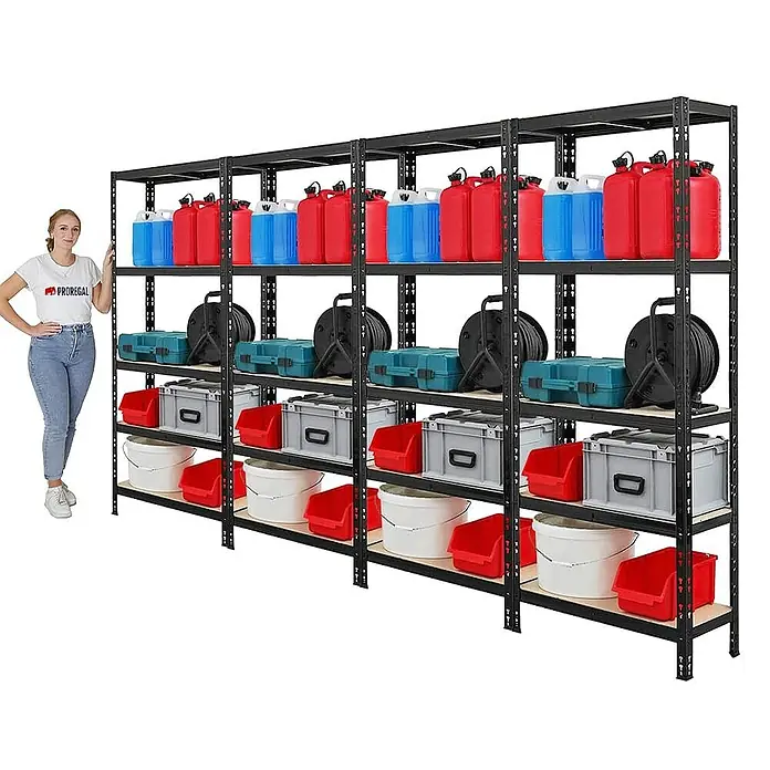 Proregal Schwerlastregal Mega Deal APOLLO - H x B x T: 180 x 75 x 30 cm, Traglast pro Boden: 175 kg, Anzahl Böden: 5 Stk., Stecken, Schwarz - Bild eines Regalträgers aus Metall mit Werkzeug und einer Person für den Größenvergleich.