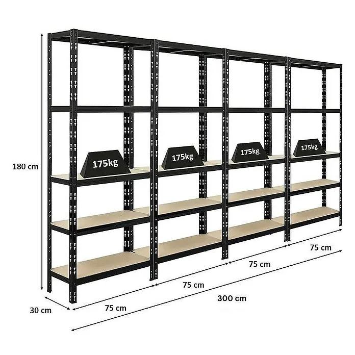Proregal Schwerlastregal Mega Deal APOLLO - H x B x T: 180 x 75 x 30 cm, Traglast pro Boden: 175 kg, Anzahl Böden: 5 Stk., Stecken, Schwarz - Abbildung eines schwarzen Lagerregals mit vier Ebenen, das mit einer Traglast von 175 kg pro Ebene gekennzeichnet ist.