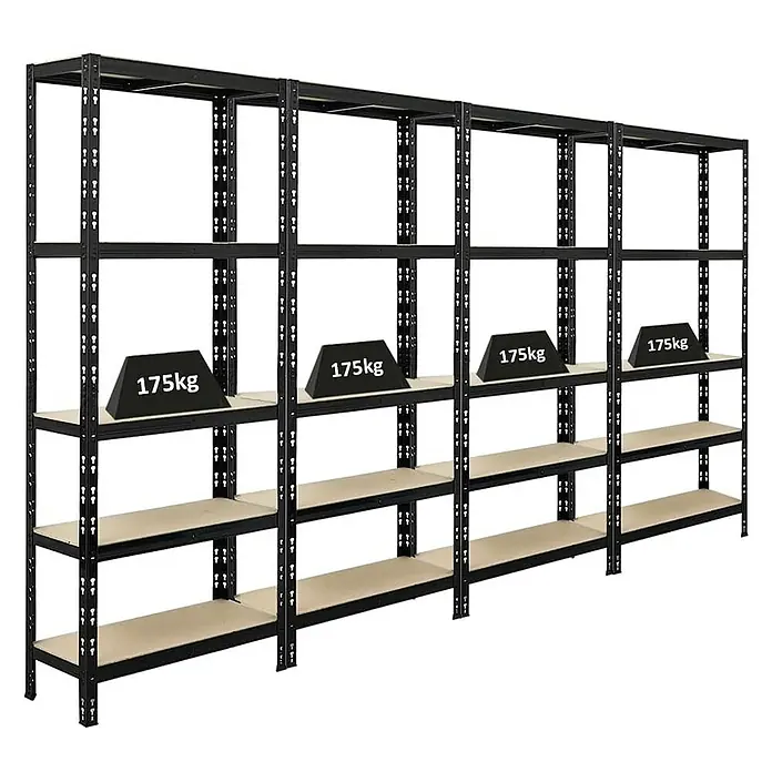 Proregal Schwerlastregal Mega Deal APOLLO - H x B x T: 180 x 75 x 30 cm, Traglast pro Boden: 175 kg, Anzahl Böden: 5 Stk., Stecken, Schwarz - Schwerlastregal mit mehreren Ebenen und einer Traglast von 175 kg pro Ebene für Lagerung.