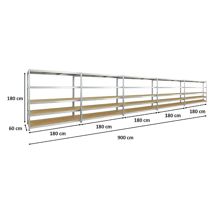 Proregal Schwerlastregal Mega Deal Giant Elephant - Traglast pro Boden: 200 kg, Anzahl Böden: 5 Stk., Stecken, Verzinkt - Langes, modulares Schwerlastregal mit verzinktem Rahmen und Holzregalböden, ideal für Lager und Werkstatt.