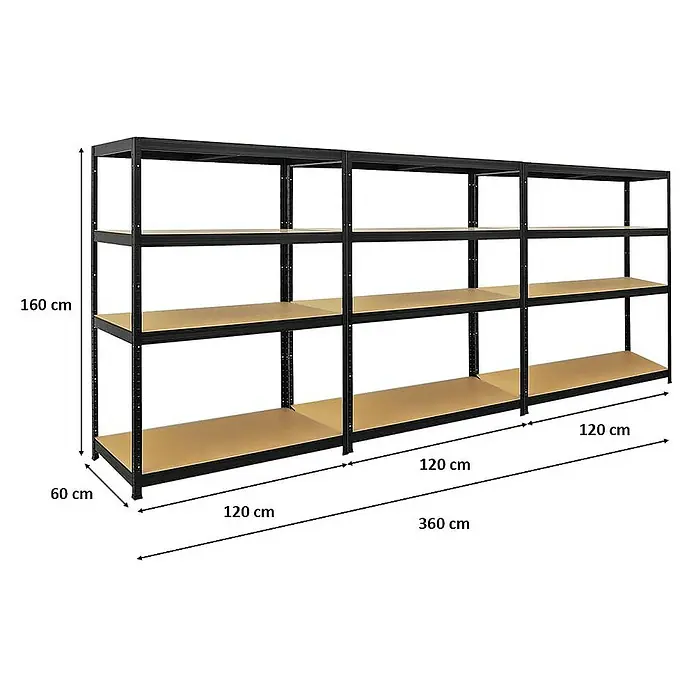 Proregal Schwerlastregal Mega Deal Big Elephant - Traglast pro Boden: 200 kg, Anzahl Böden: 4 Stk., Stecken, Schwarz - Schwarzes Metallregal mit drei Regalböden und den Maßen 160 cm Höhe, 60 cm Tiefe und 360 cm Breite.