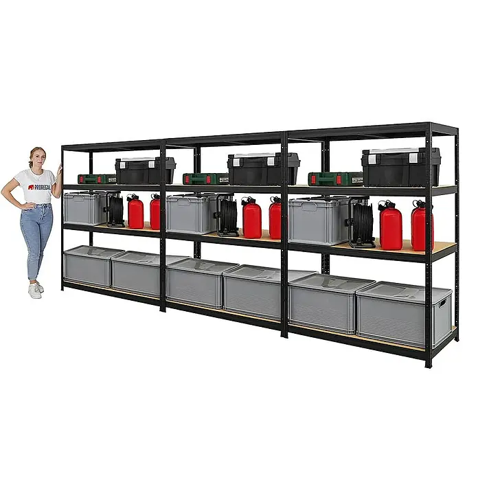 Proregal Schwerlastregal Mega Deal Big Elephant - Traglast pro Boden: 200 kg, Anzahl Böden: 4 Stk., Stecken, Schwarz - Regal mit mehreren Regalböden zur Lagerung von Werkzeugen, Boxen und anderen Gegenständen. Ideal für Garage oder Werkstatt.