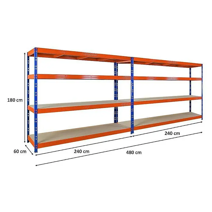 Proregal Schwerlastregal Mega Deal Profi RHINO - Traglast pro Boden: 450 kg, Anzahl Böden: 4 Stk., Stecken, Orange - Das Bild zeigt ein grosses, orangefarbenes und blaues Lagerregal mit drei Ebenen und den Massen 180 cm Höhe, 60 cm Tiefe und 480 cm Länge.