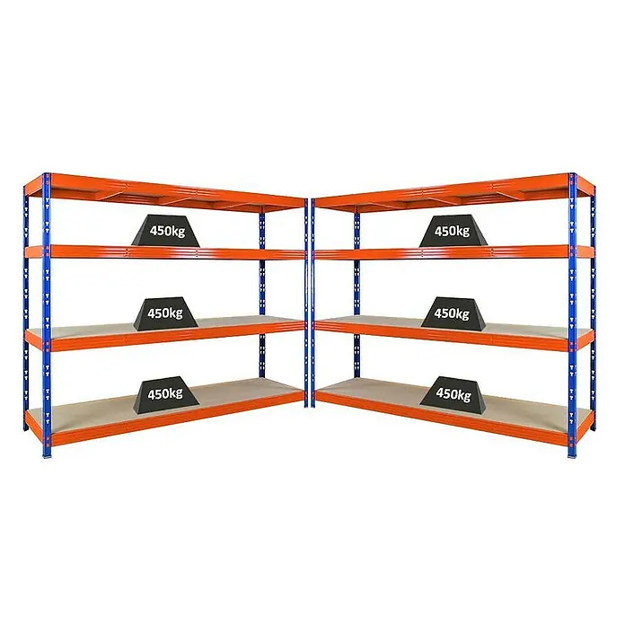 Proregal Schwerlastregal Mega Deal Profi RHINO - Traglast pro Boden: 450 kg, Anzahl Böden: 4 Stk., Stecken, Orange - Abbildung von zwei orangefarbenen Schwerlastregalen, die jeweils mit 450 kg schweren Gewichten belastet sind. Ideal für Lagerung und Organisation.
