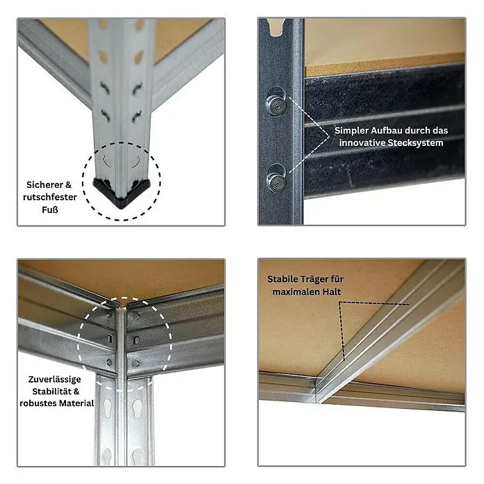 Proregal Schwerlastregal Mega Deal Rivet - Traglast pro Boden: 250 kg, Anzahl Böden: 5 Stk., Stecken, Verzinkt - Detailansichten eines robusten Regalsystems, das sich durch sichere Füße, einfaches Stecksystem und stabile Träger auszeichnet.