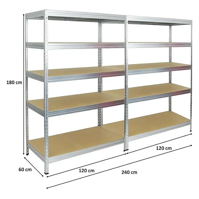 Proregal Schwerlastregal Mega Deal Rivet - Traglast pro Boden: 250 kg, Anzahl Böden: 5 Stk., Stecken, Verzinkt - Abbildung eines Metallregals mit fünf Regalböden und den Maßen 180 cm Höhe, 240 cm Breite und 60 cm Tiefe.